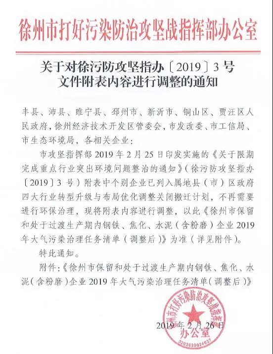 《徐州處于保留和過渡期內鋼鐵、水泥、焦化企業(yè)2019年大氣污染治理任務清單》